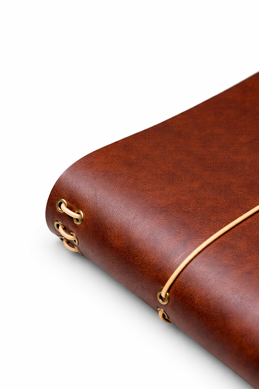 A5 tri-fold leather journal cover Cognac colour side on view with closing strap