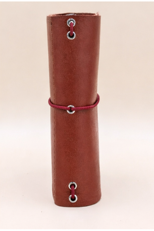 Passport size (B7) leather tri-fold journal cover in colour Cognac spine view