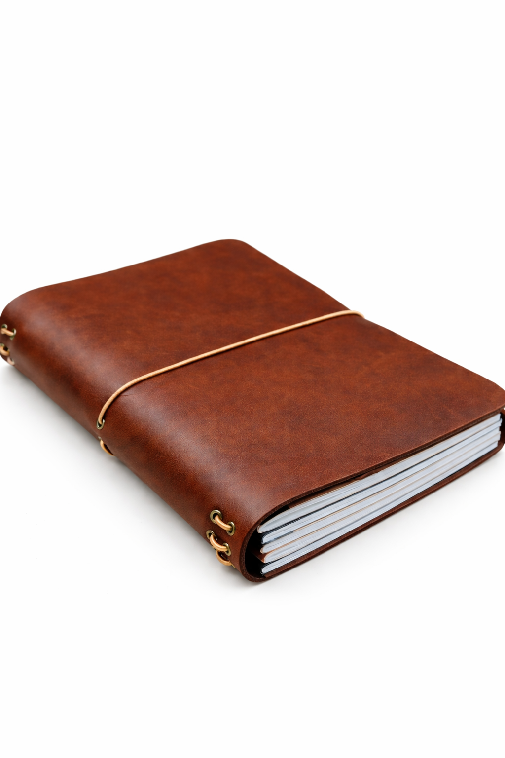 A5 tri-fold leather journal cover Cognac colour side onview