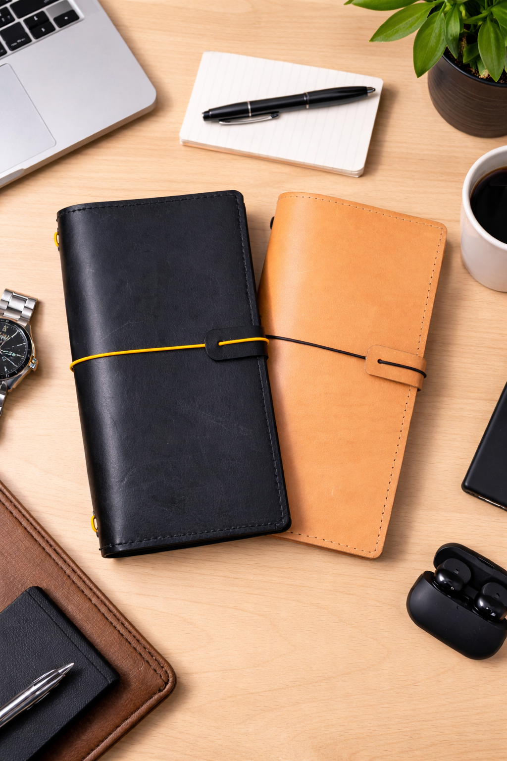 Traveller's (Traverller's Notebook) size leather journal covers Jet Black and Beach Sand / Tan colour 