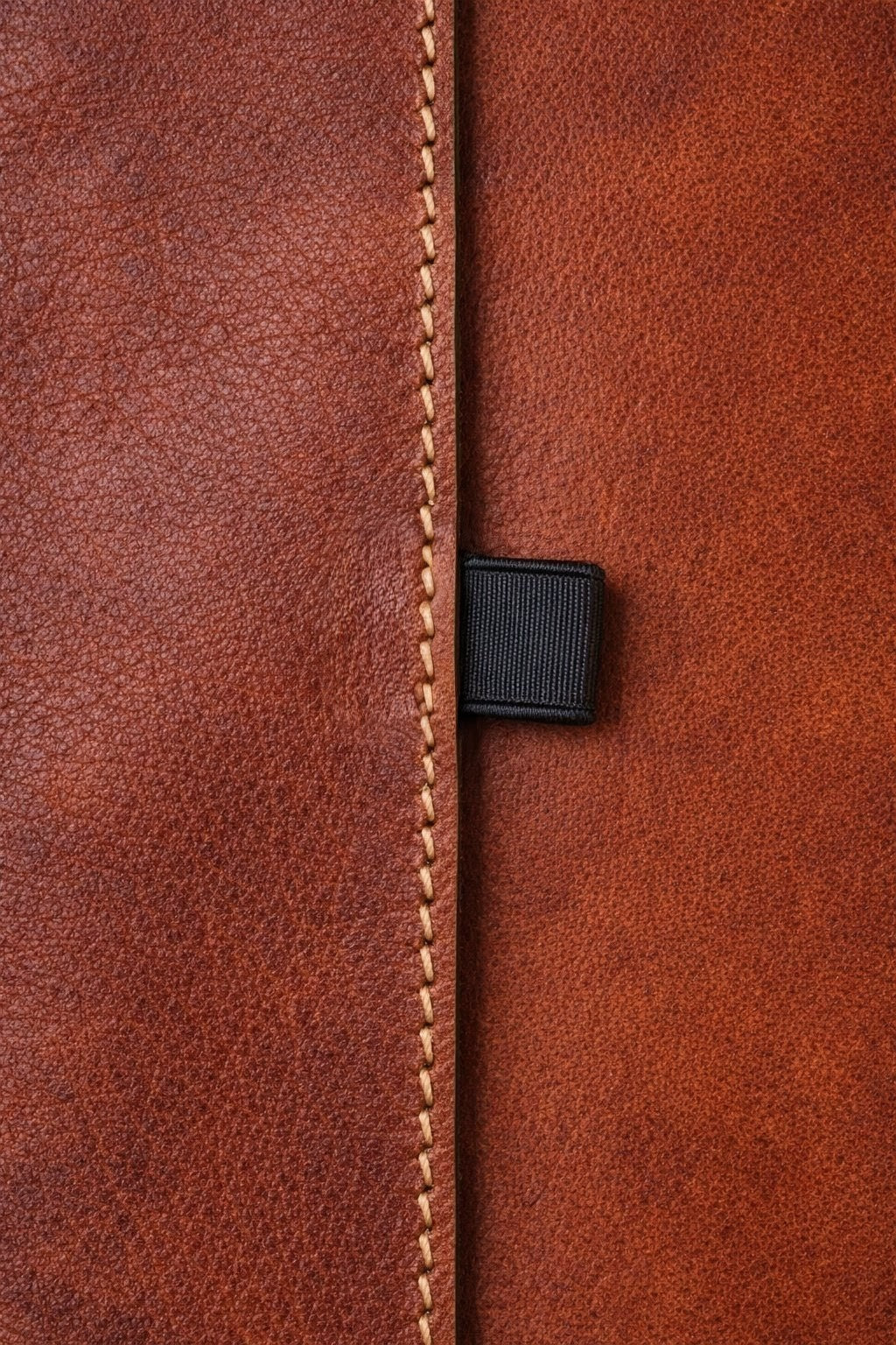 Leather tri-fold journal cover in Cognac colour detailed inside view with pen loop