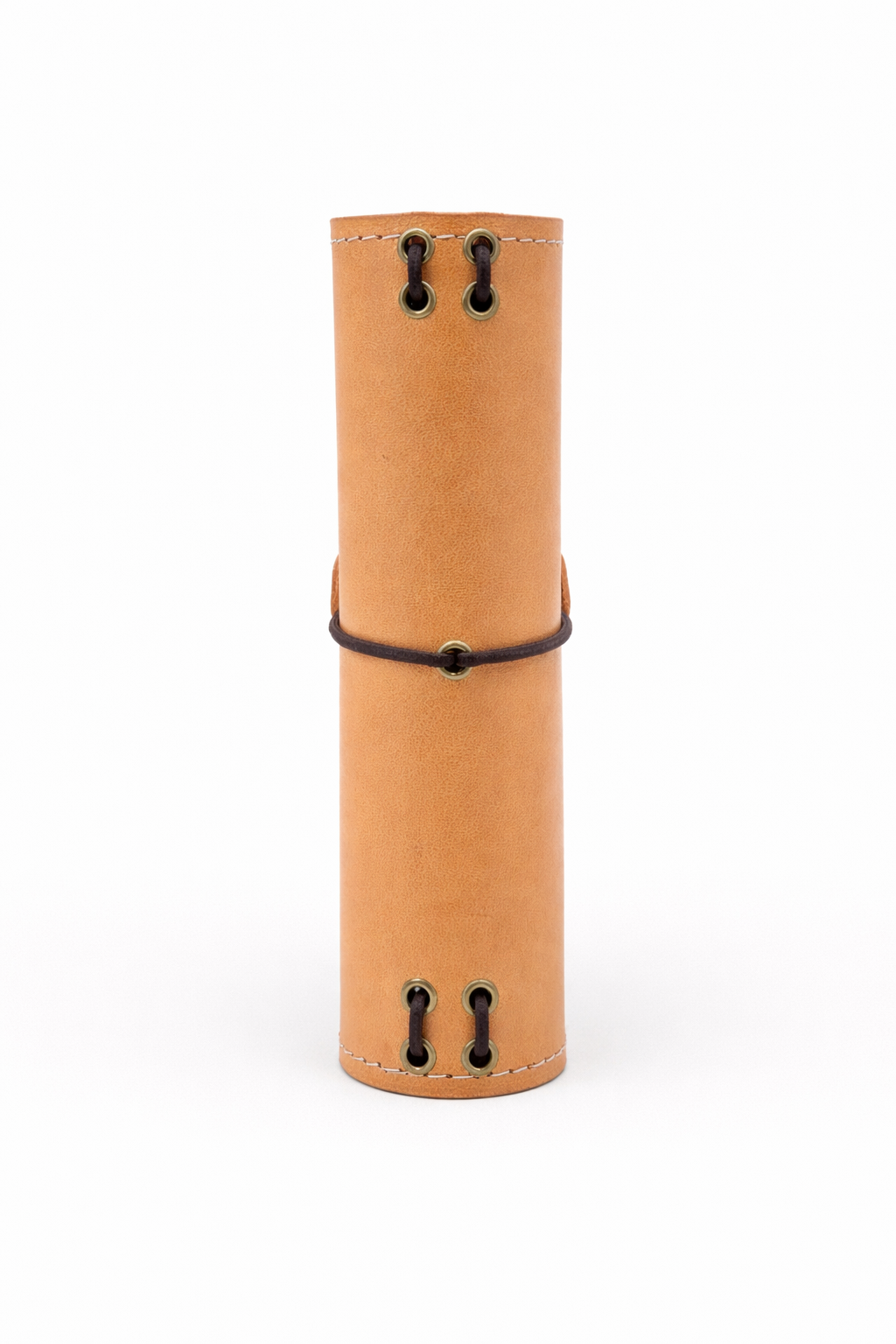 Passport size (B7) leather bi-fold journal cover in colour tan / beach sand spine view