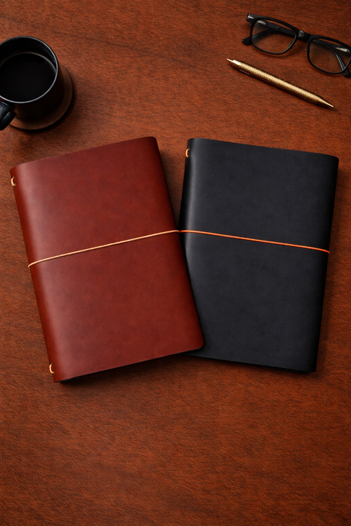 Leather tri-fold journal covers in Cognac and black colour