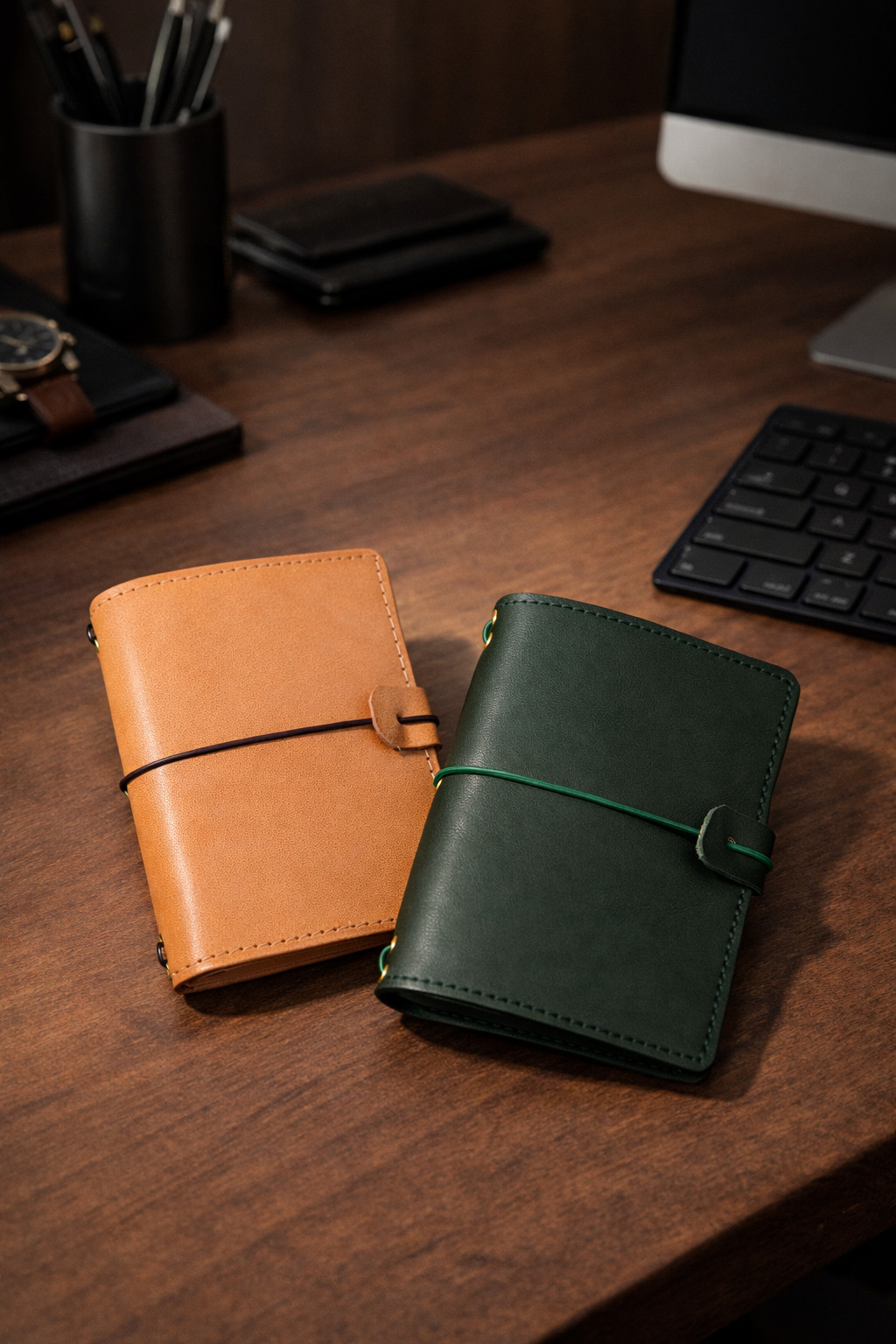 Passport size (B7) leather bi-fold journal covers in colour tan / beach sand and forest green
