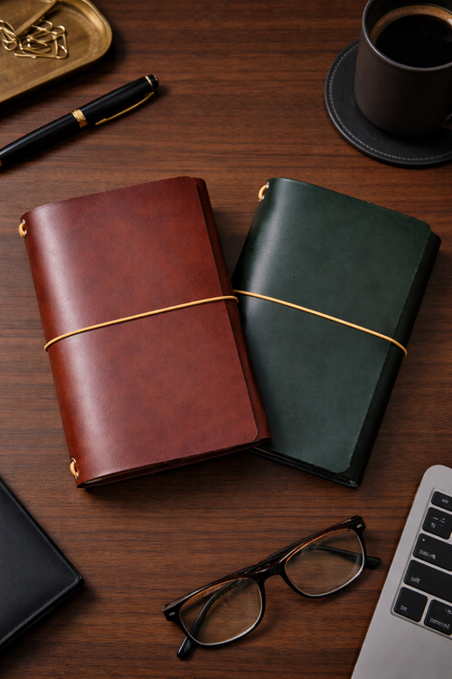 A6 leather journal covers Cognac and Forest Green colour