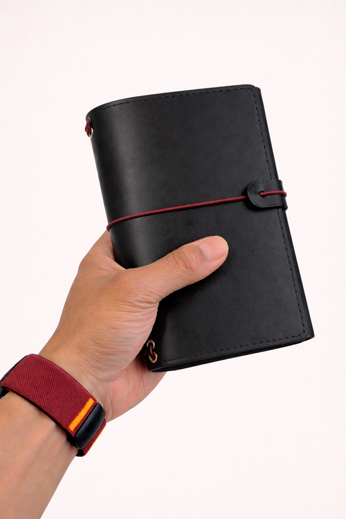 A6 bi-fold leather journal cover Jet Black colour held in hand