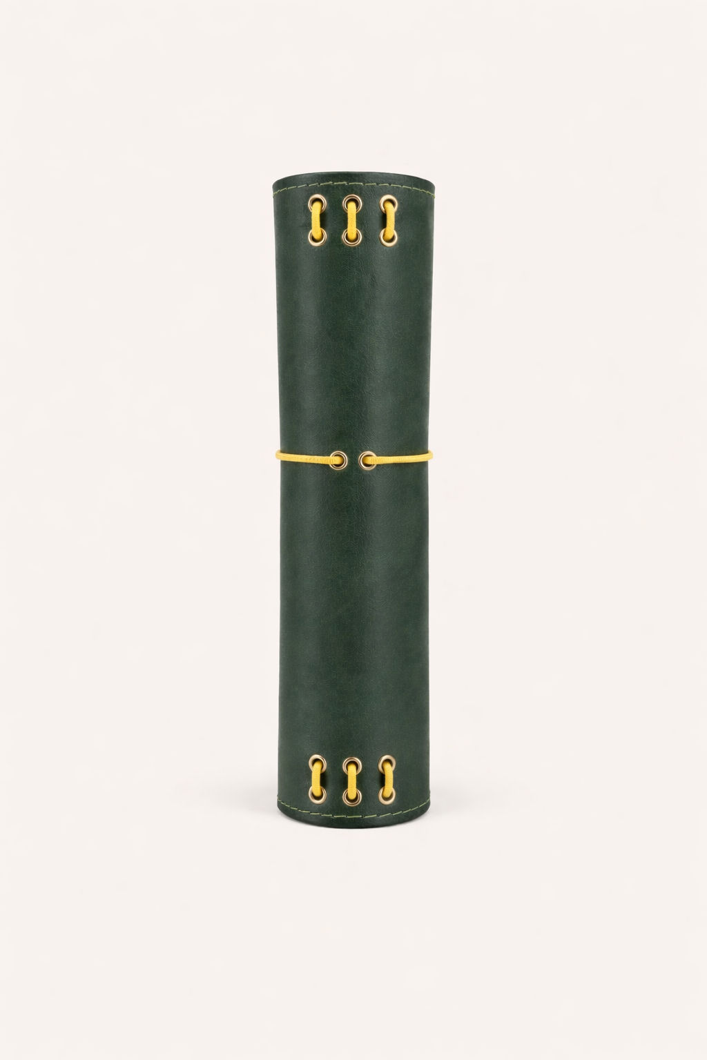 Leather bi-fold journal cover in forest green colour spine view