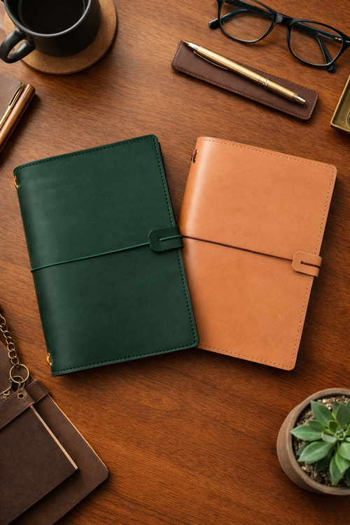 Leather bi-fold journal covers in forest Green and tan colour