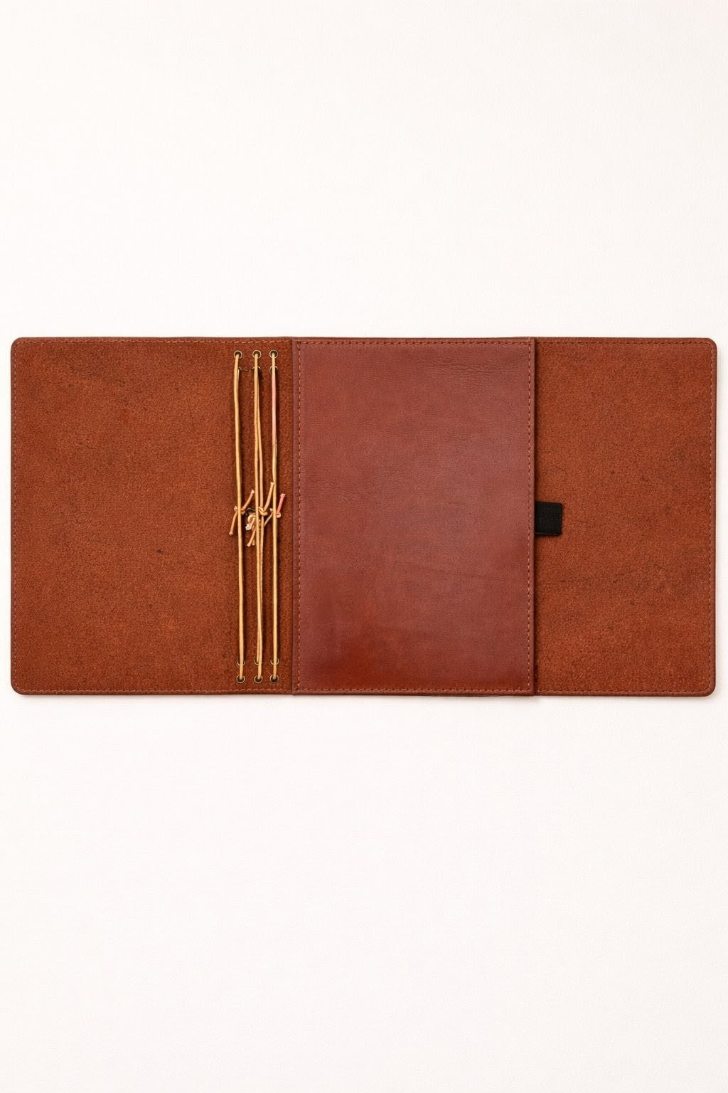 Leather A5 tri-fold journal cover in Cognac colour detailed inside view