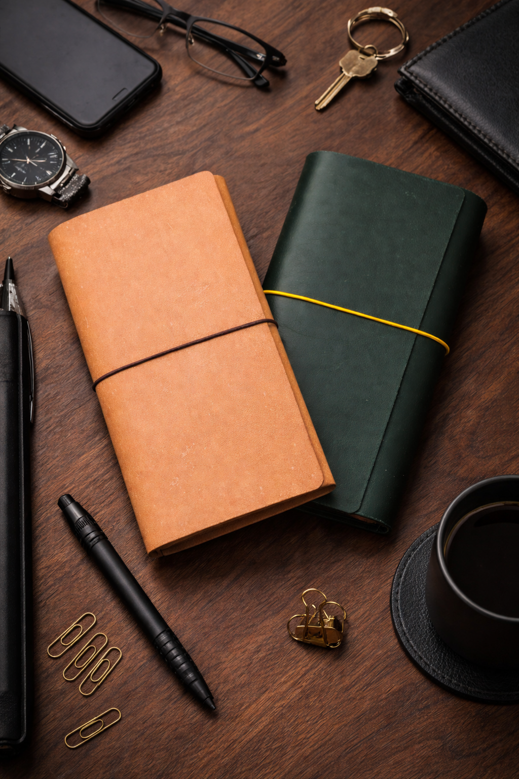 Traveller's (Traverller's Notebook) tri-fold size leather journal covers Beach Sand / Tan and forest green colour 