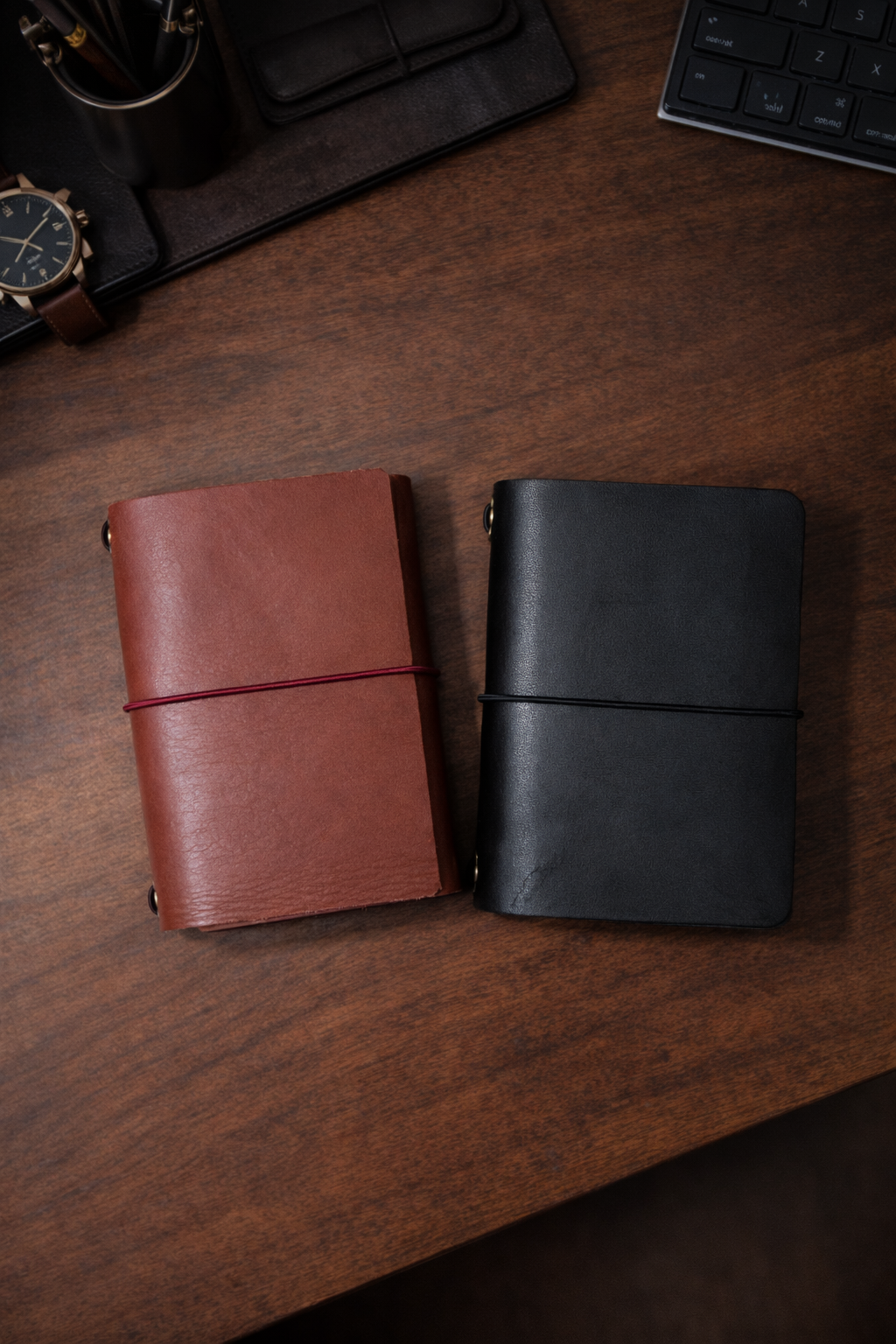 Passport size (B7) leather tri-fold journal cover in colour Cognac and Black